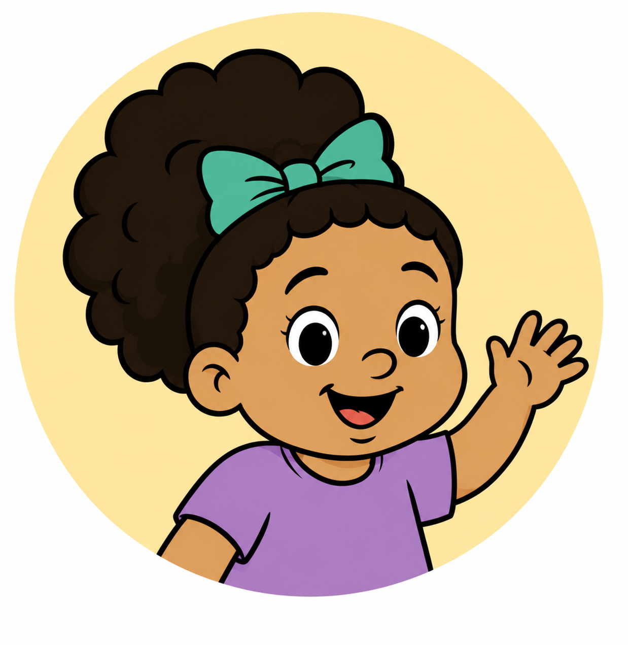 Sonya Lee waving, a cheerful girl with a teal bow